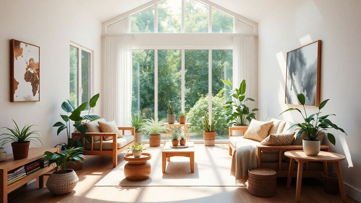 Idei pentru locuințe ecologice: cum să îți transformi casa într-un sanctuar bio 1 Mobilier ecologic într-o cameră luminoasă cu plante.