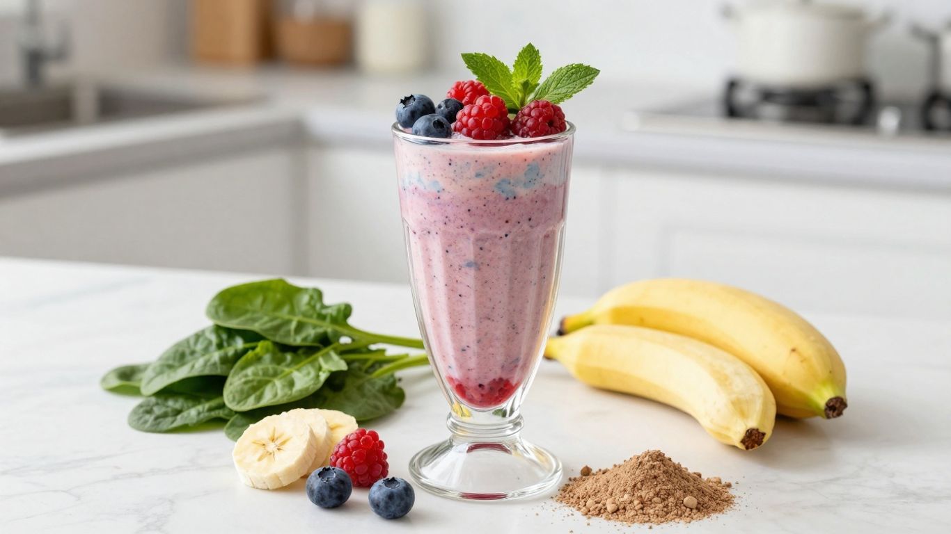 Healthy breakfast shake with berries and spinach.