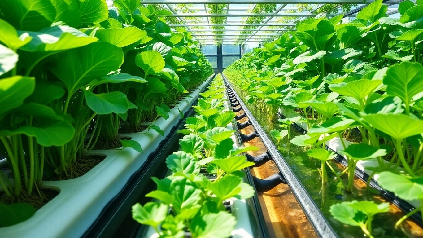 Lush green hydroponic vegetables growing in water channels with visible roots.