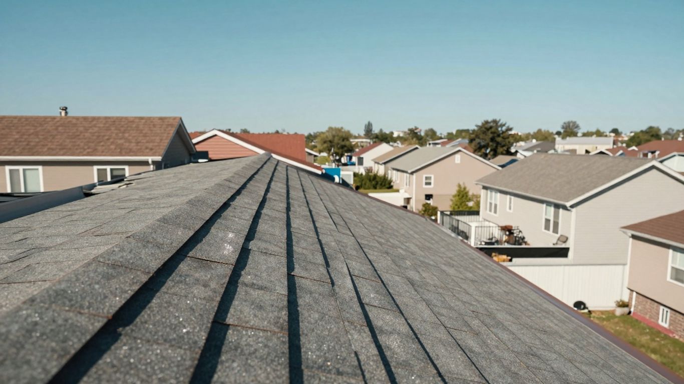 A sunny rooftop with new shingles and houses below.