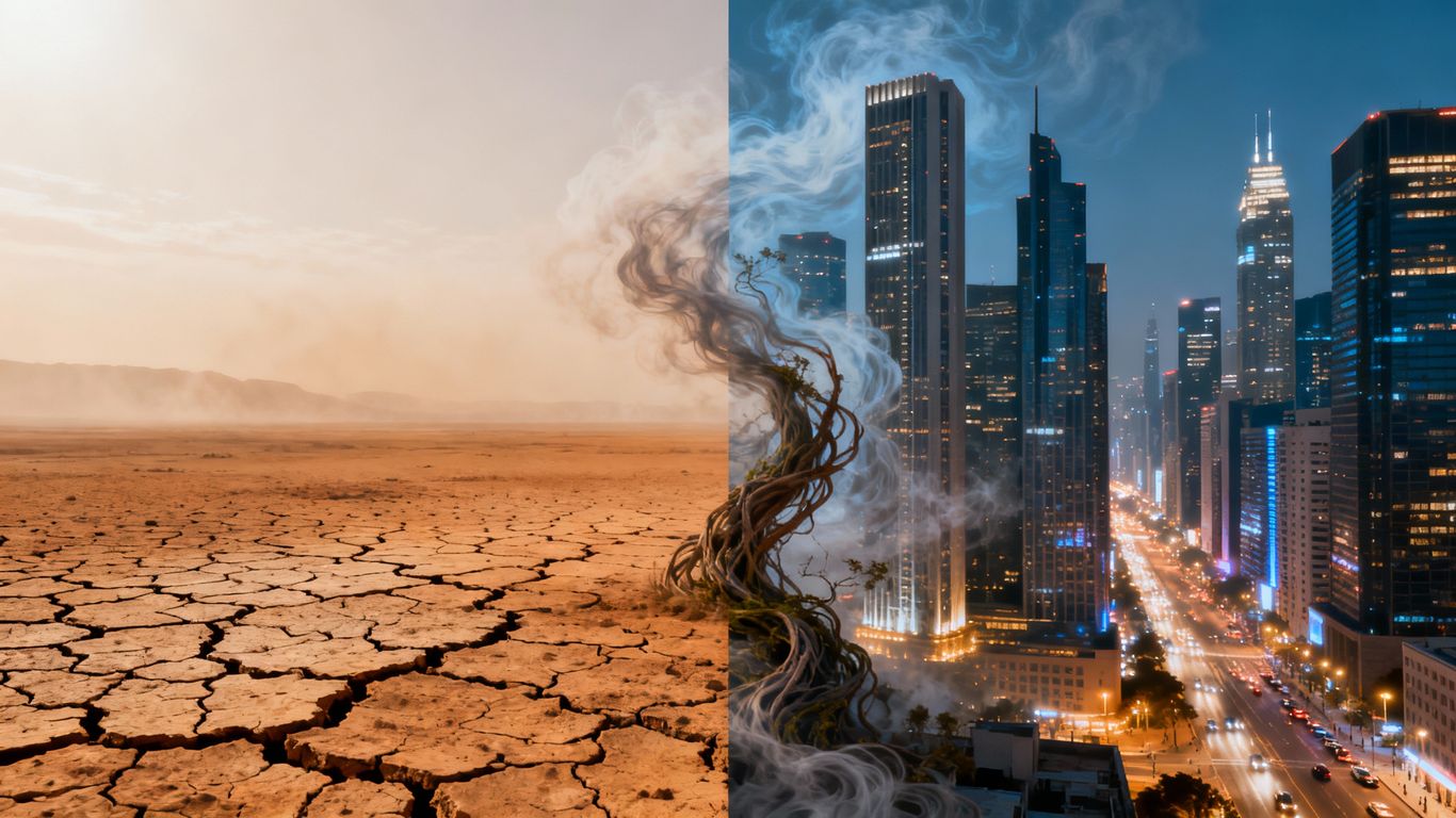 Cracked earth meets city skyline, climate change impacts economy.