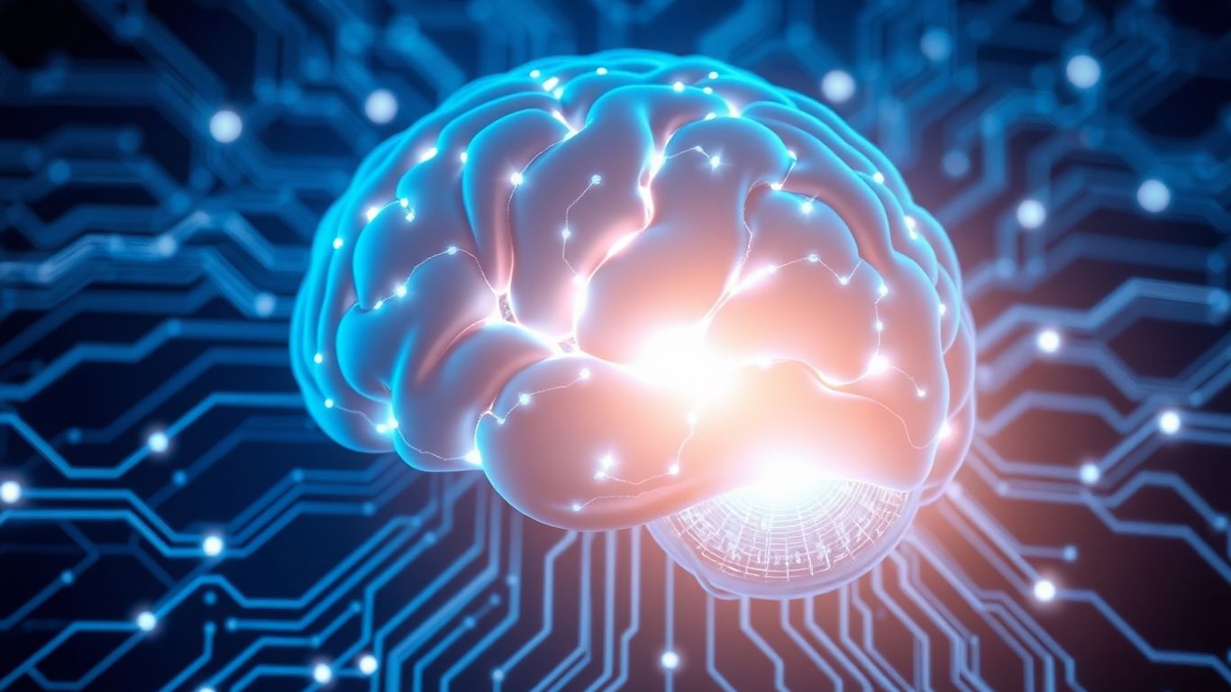 Futuristic AI brain with digital circuits.
