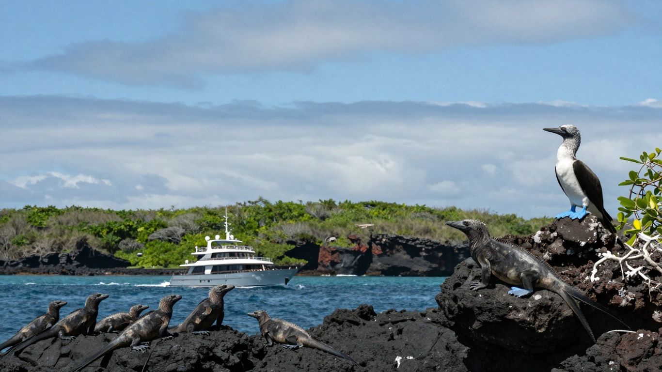 Galapagos Islands yacht cruise with wildlife and volcanic scenery.
