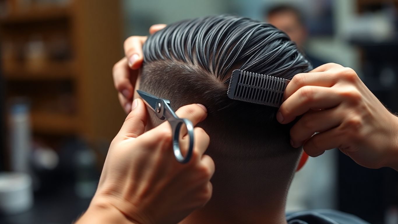 Barber creating a sharp fade haircut with scissors.