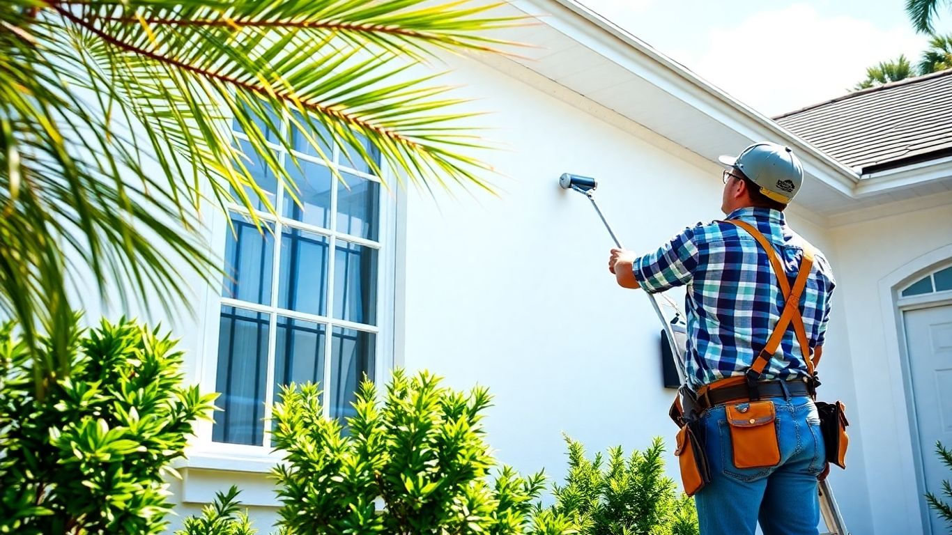 Painter applying white paint to Orlando house exterior.