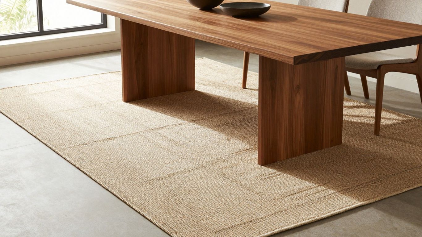Teppich unter Esstisch mit Holzmöbeln und Tageslicht.