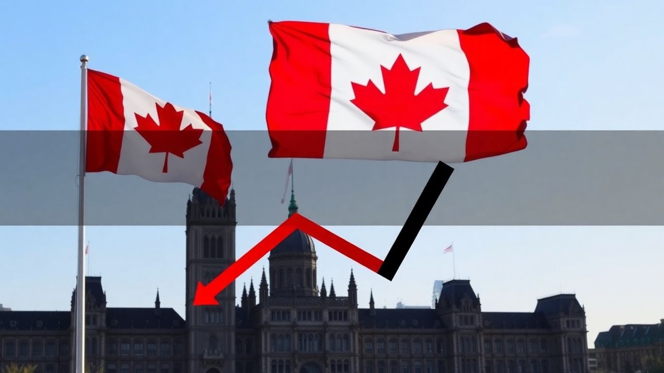 Canadian flag and Parliament with a downward trend arrow.