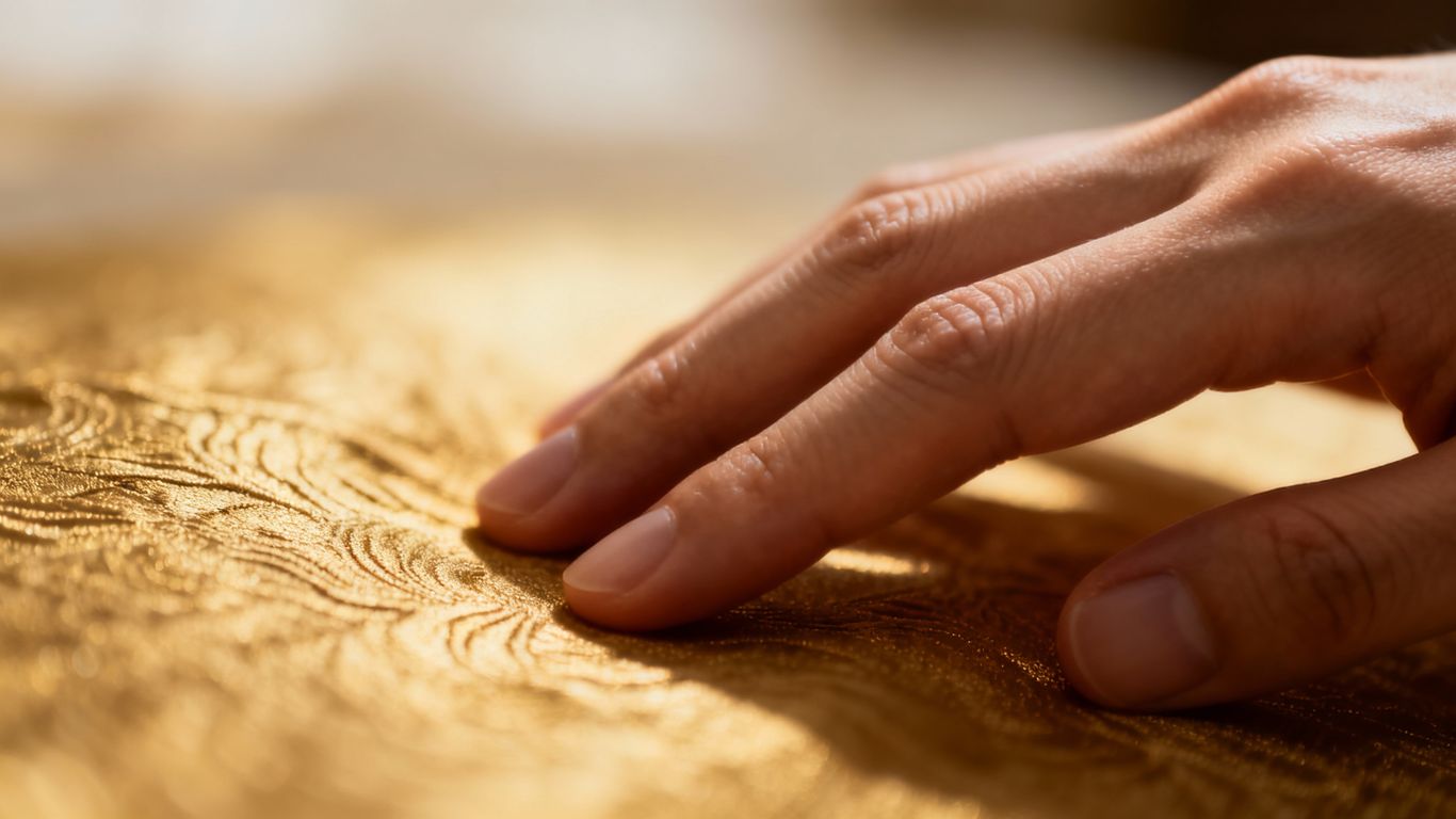 Hand touching a textured surface, soft light.