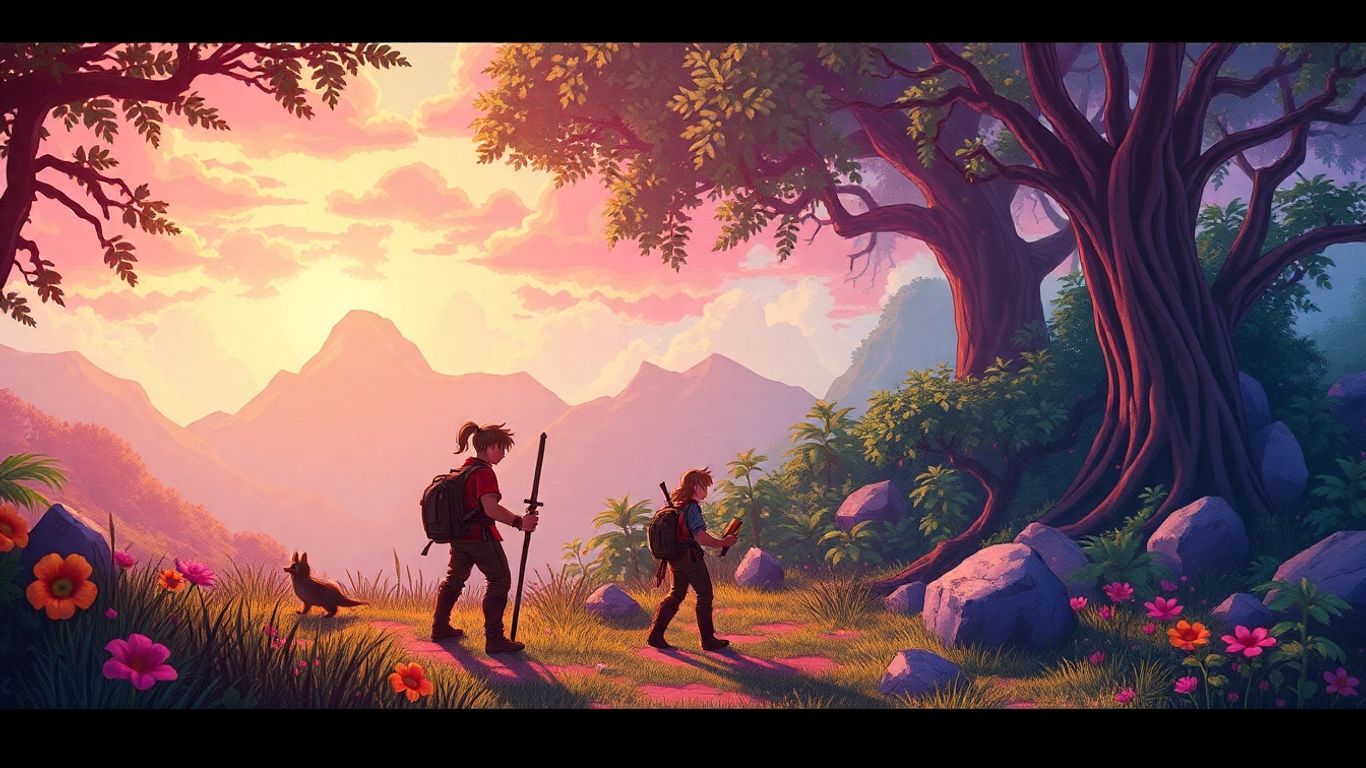 Classic RPG characters in a vibrant fantasy landscape