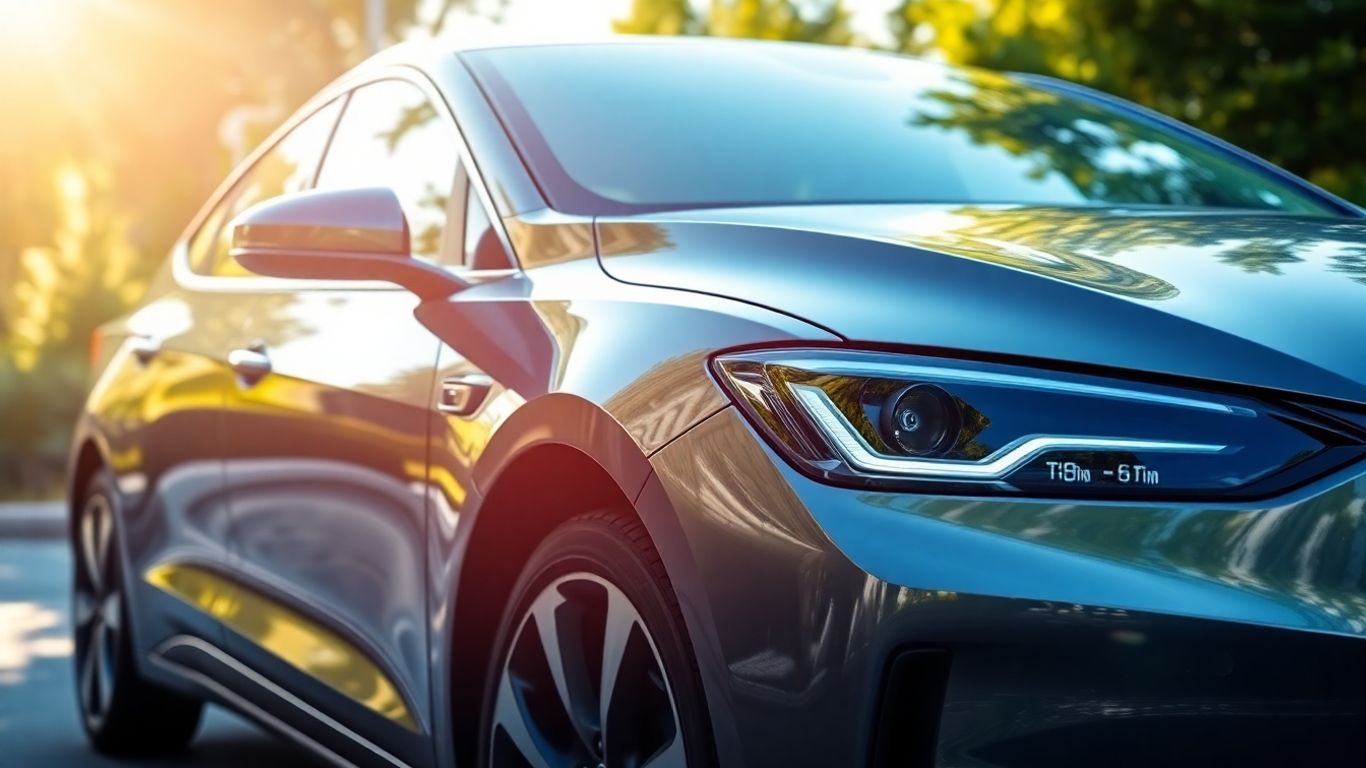 Carro elétrico moderno em ambiente verde e ensolarado.