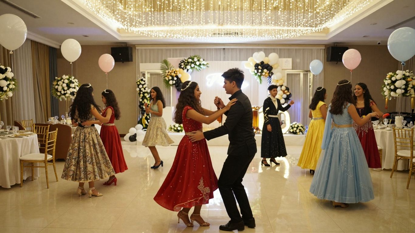Elegant Sweet 16 party venue with lights and decorations.