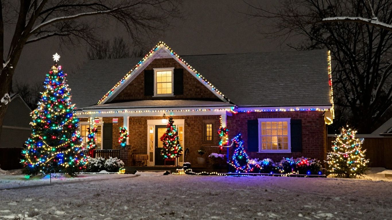 Oakville home decorated with bright Christmas lights.