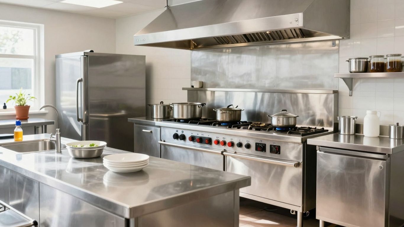 Modern commercial kitchen with stainless steel appliances and prep stations.