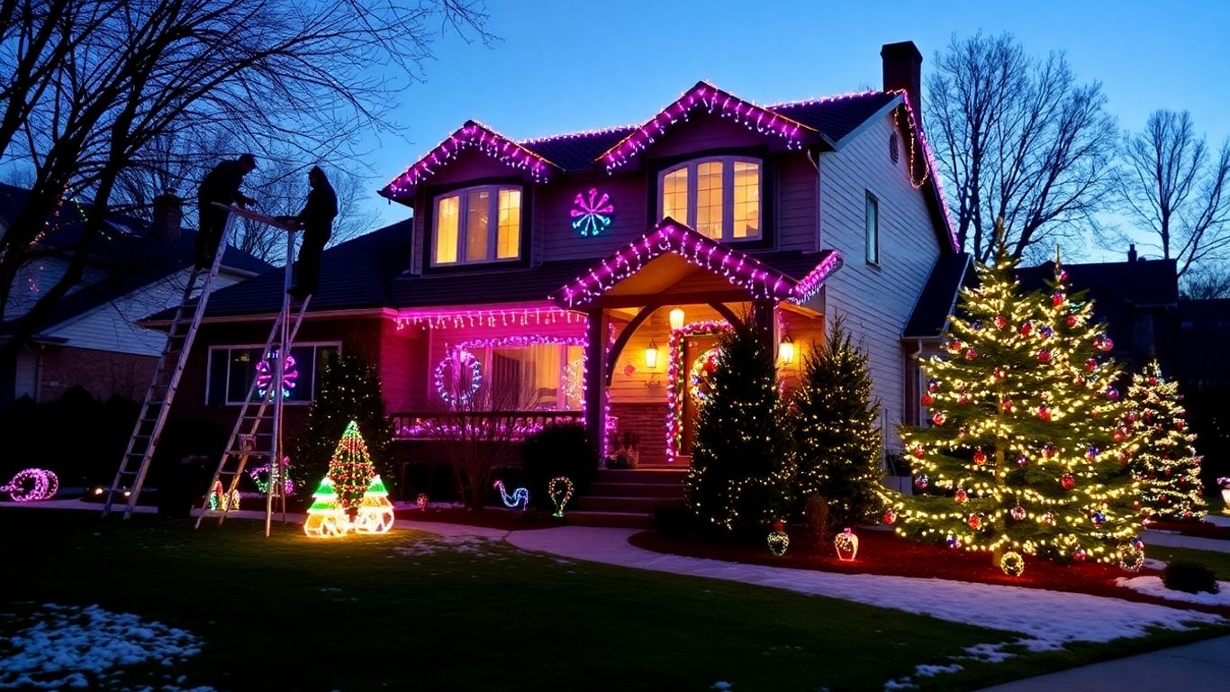 Professionals installing Christmas lights on a snowy suburban house
