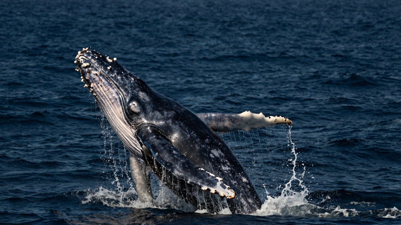 Humpback whale breaching during Cabo whale watching tour.
