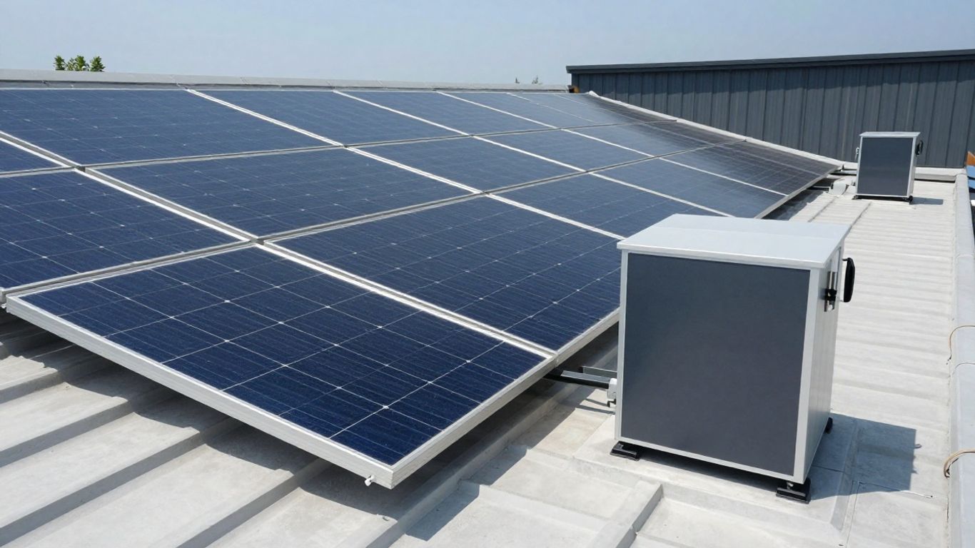 Panneaux solaires et batterie de stockage sur un toit ensoleillé.