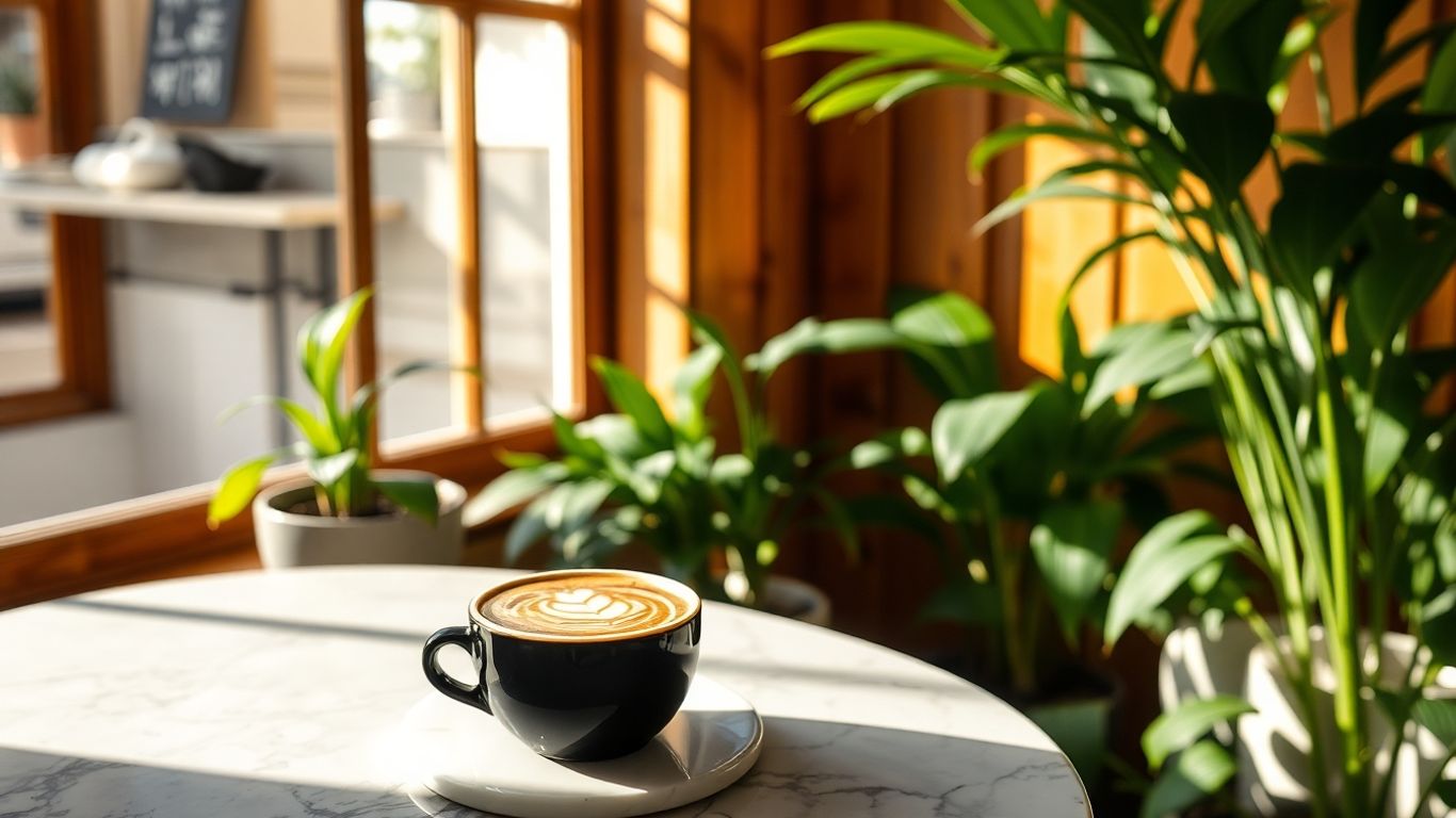 Cafenea de specialitate cu latte art și plante verzi.