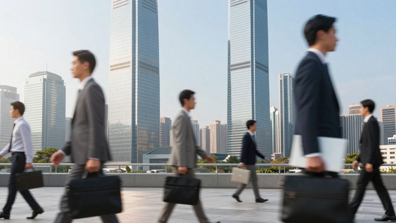 Hong Kong skyline with business people moving.
