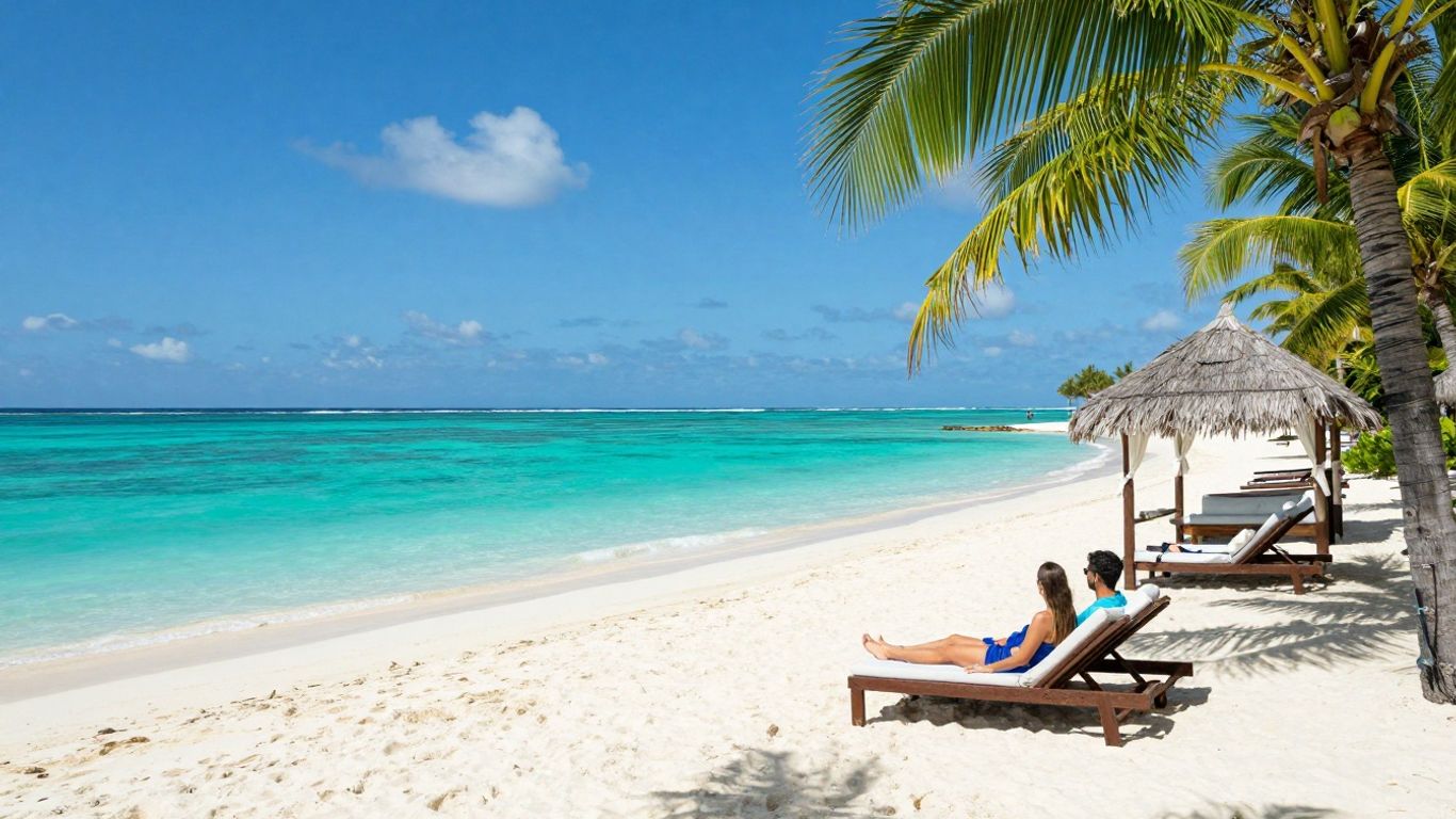 Luxury all-inclusive resort beach with palm trees and clear water.