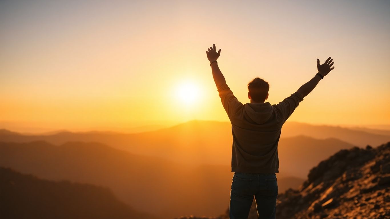 Person celebrating success on a mountain peak.