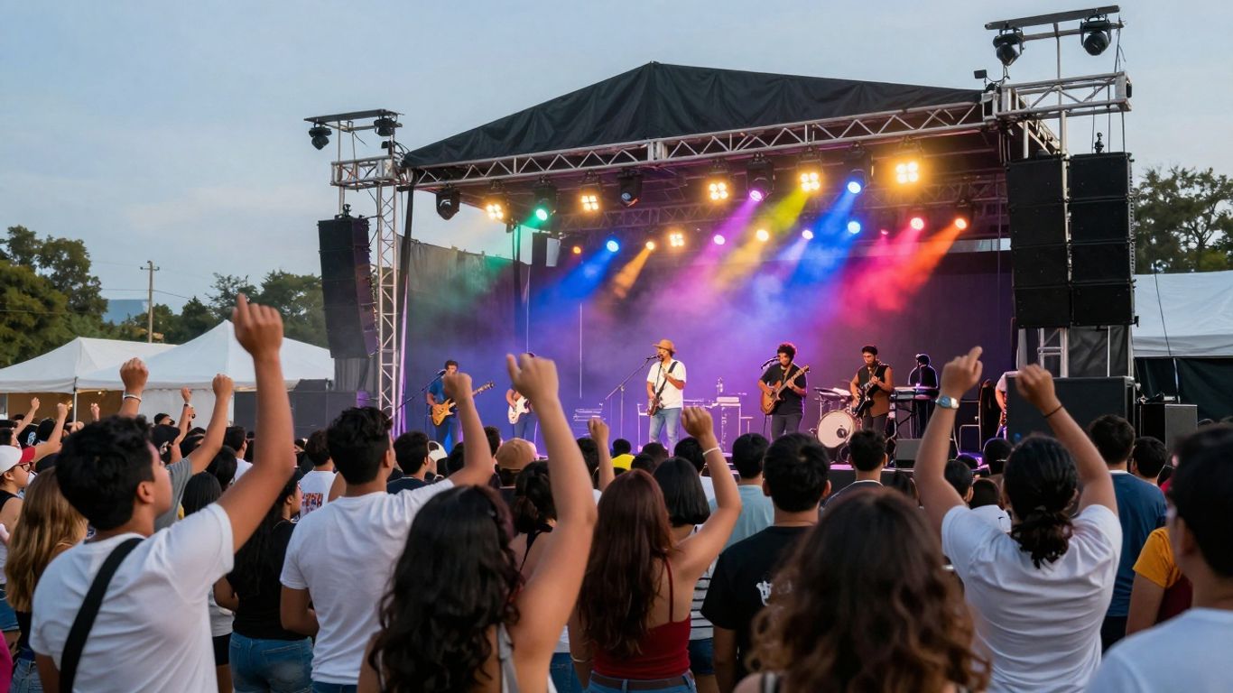 Mensen genieten van een live muziekoptreden op een festival.