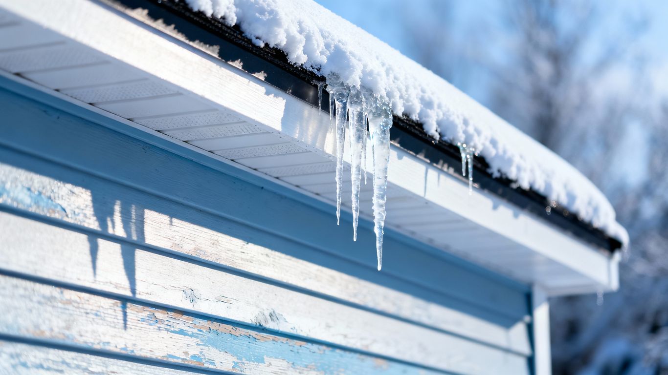 Winter house siding with snow and icicles.