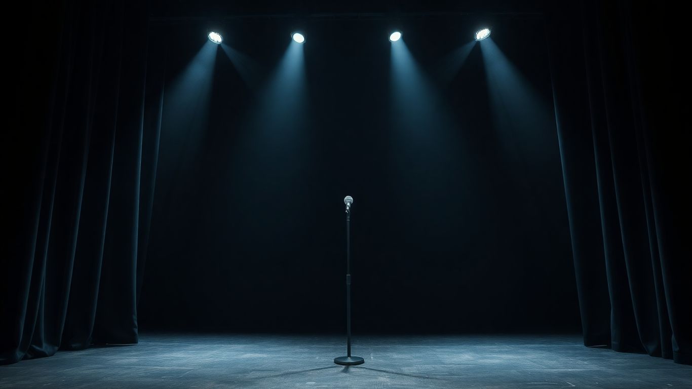 Empty comedy stage with spotlight and microphone.