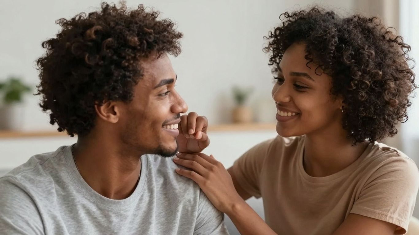 Couple sharing a humorous, affectionate moment.
