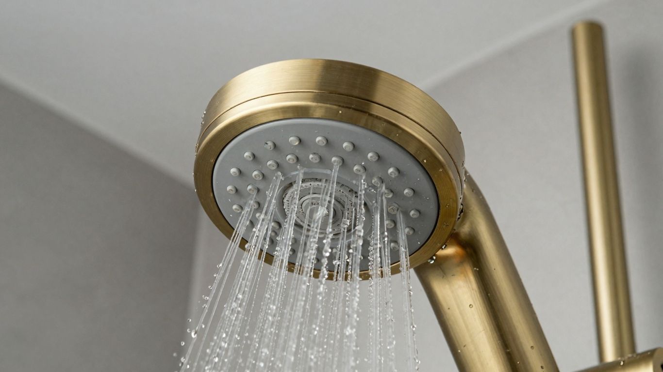 Brushed brass shower head in a modern bathroom.