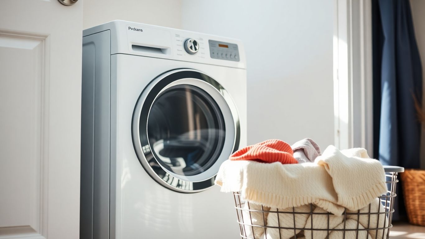 A modern white dryer in a bright laundry room.