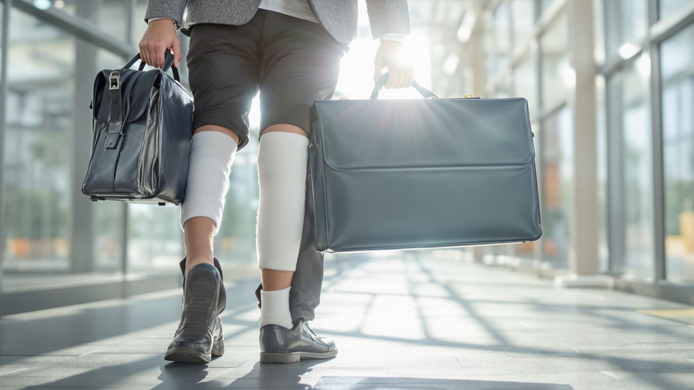 Persona con rodilla vendada lista para trabajar.