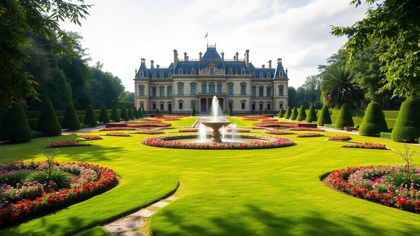 Prächtige Schlossgärten mit historischen Gebäuden und Blumenbeeten.