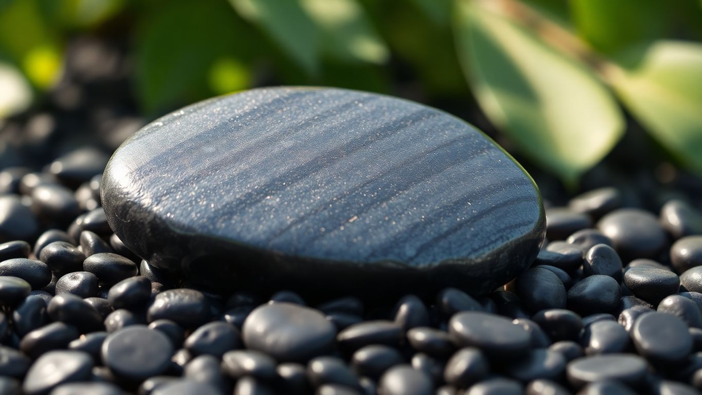 Polished hematite stone with metallic sheen on pebbles.