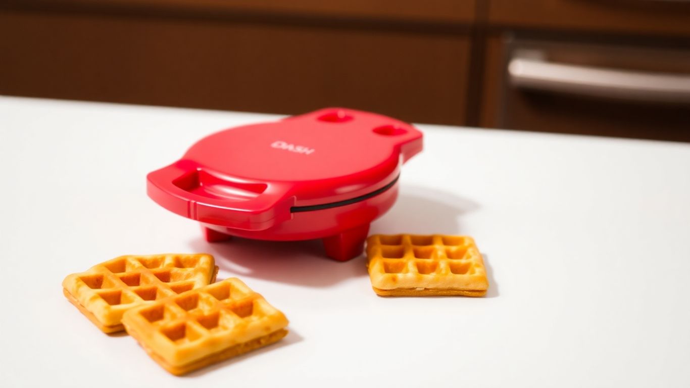Red Dash Mini Waffle Maker with mini waffles