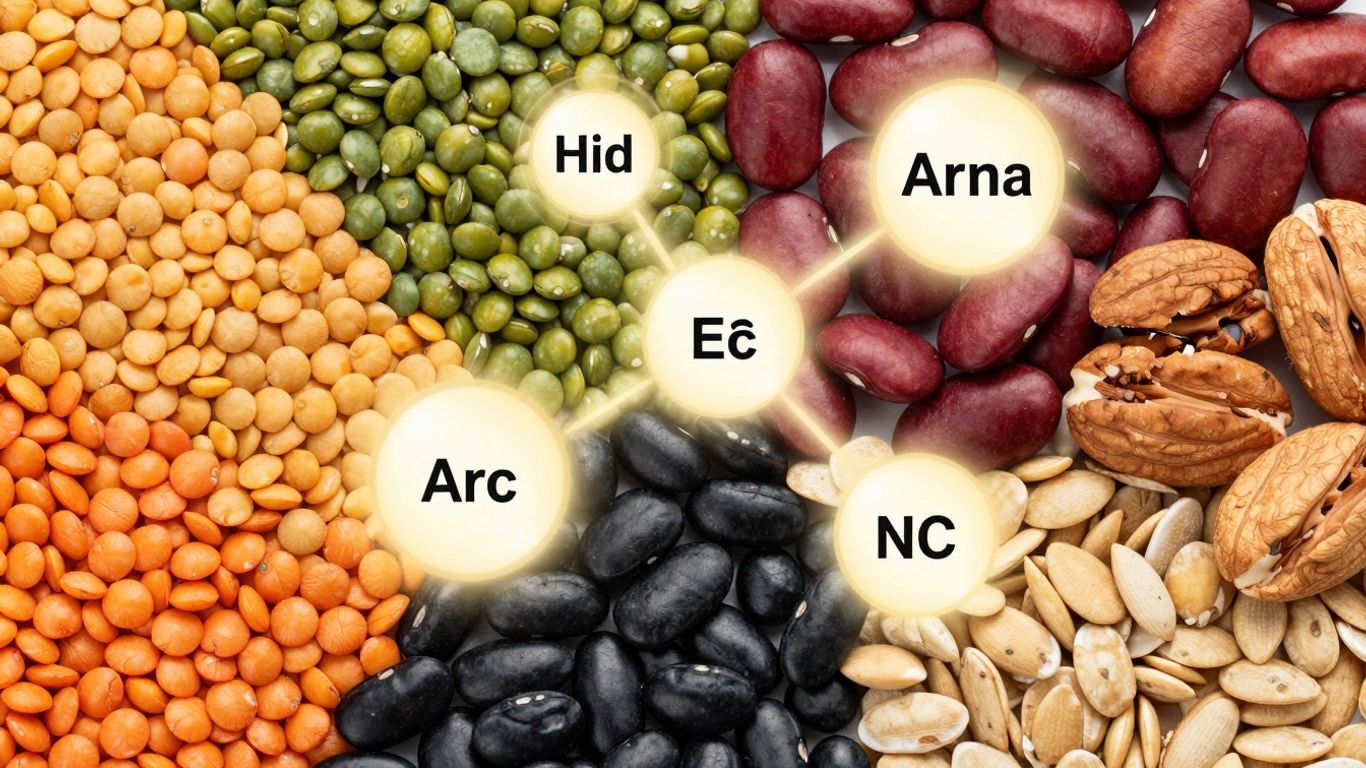 Plant-based foods with glowing essential amino acid particles.