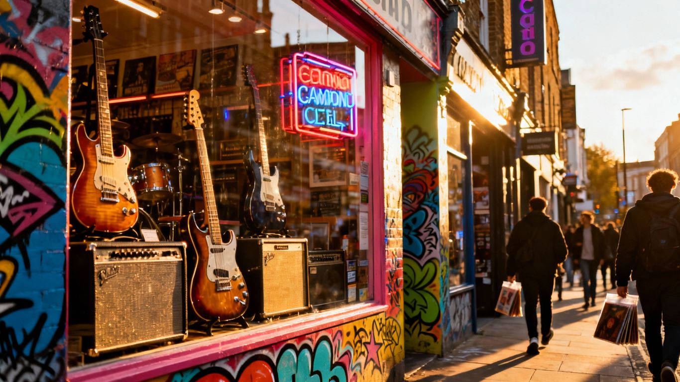 Guitars displayed in a vibrant Camden music shop window.