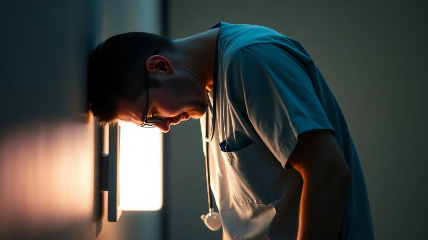 Exhausted emergency physician in scrubs, head down.