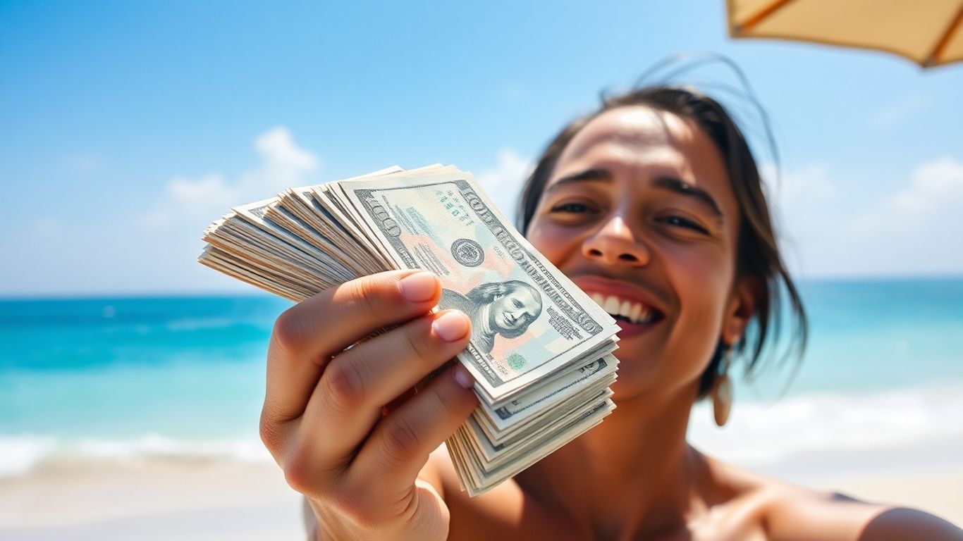 Pessoa feliz com dinheiro e praia ao fundo.