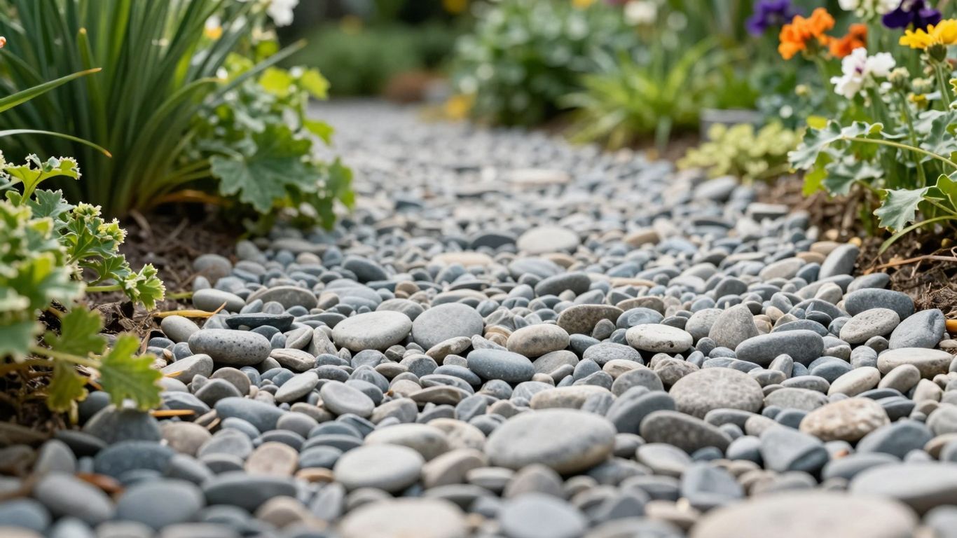 Tuinpad met grind en groene planten.