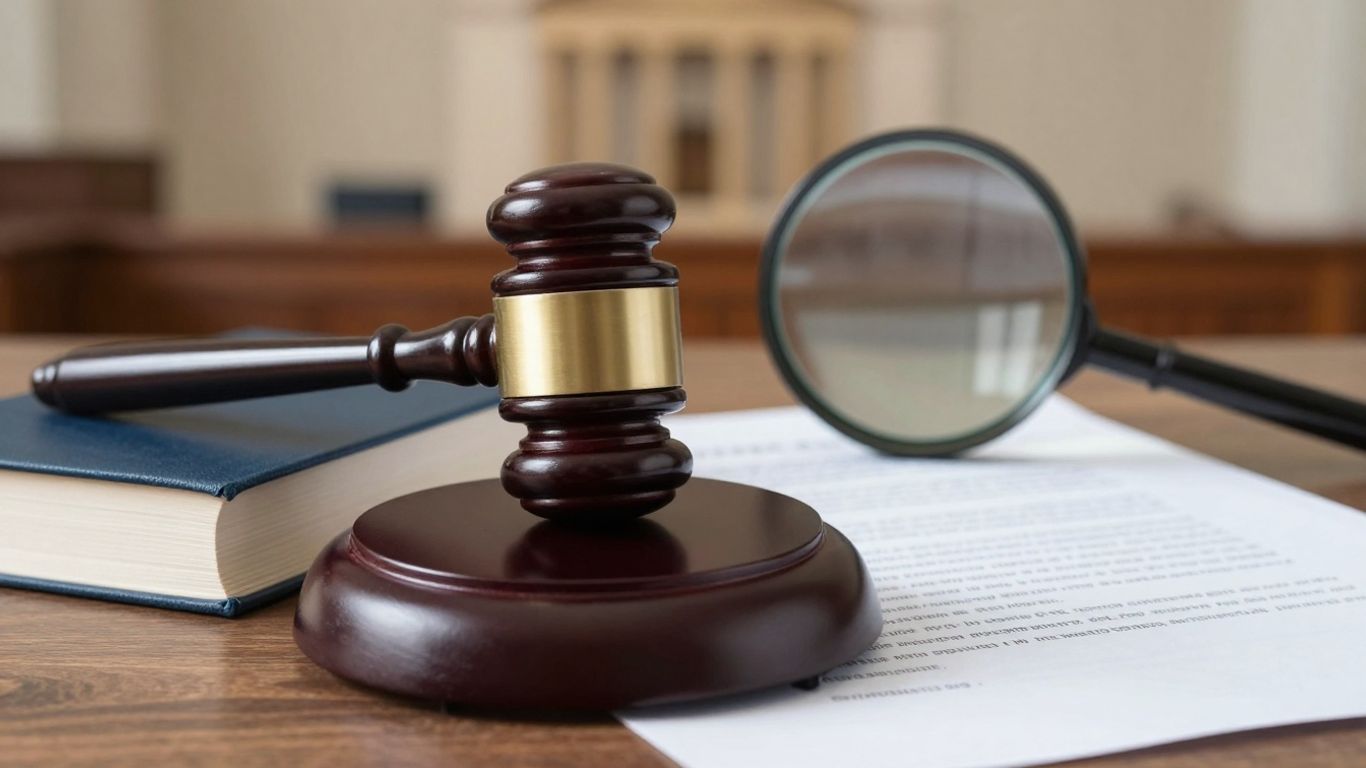 Gavel and legal books with magnifying glass over document.