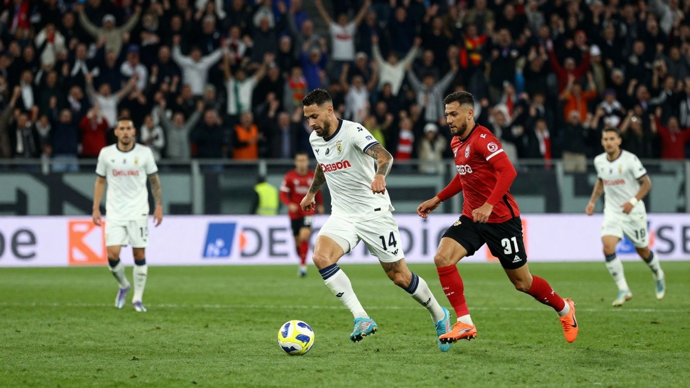 Serie B football match action with stadium crowd.