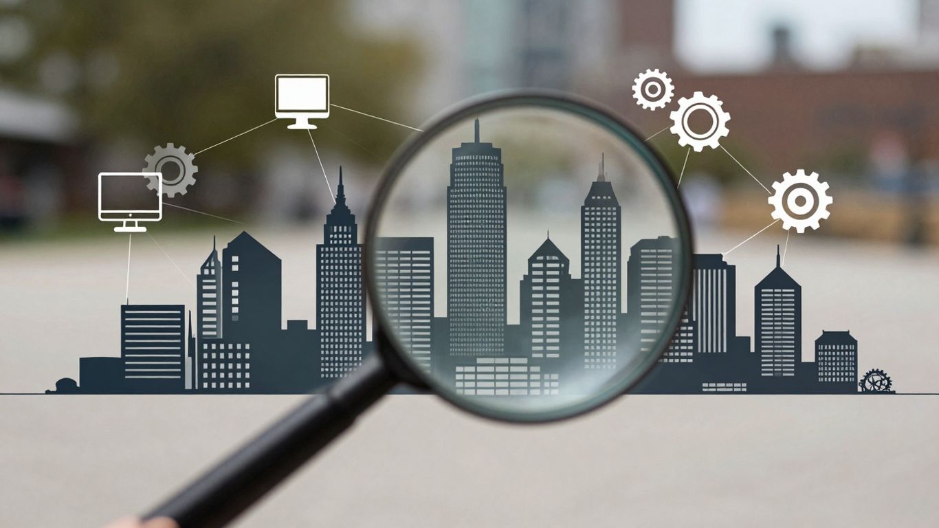 Boston cityscape with technology icons and magnifying glass.