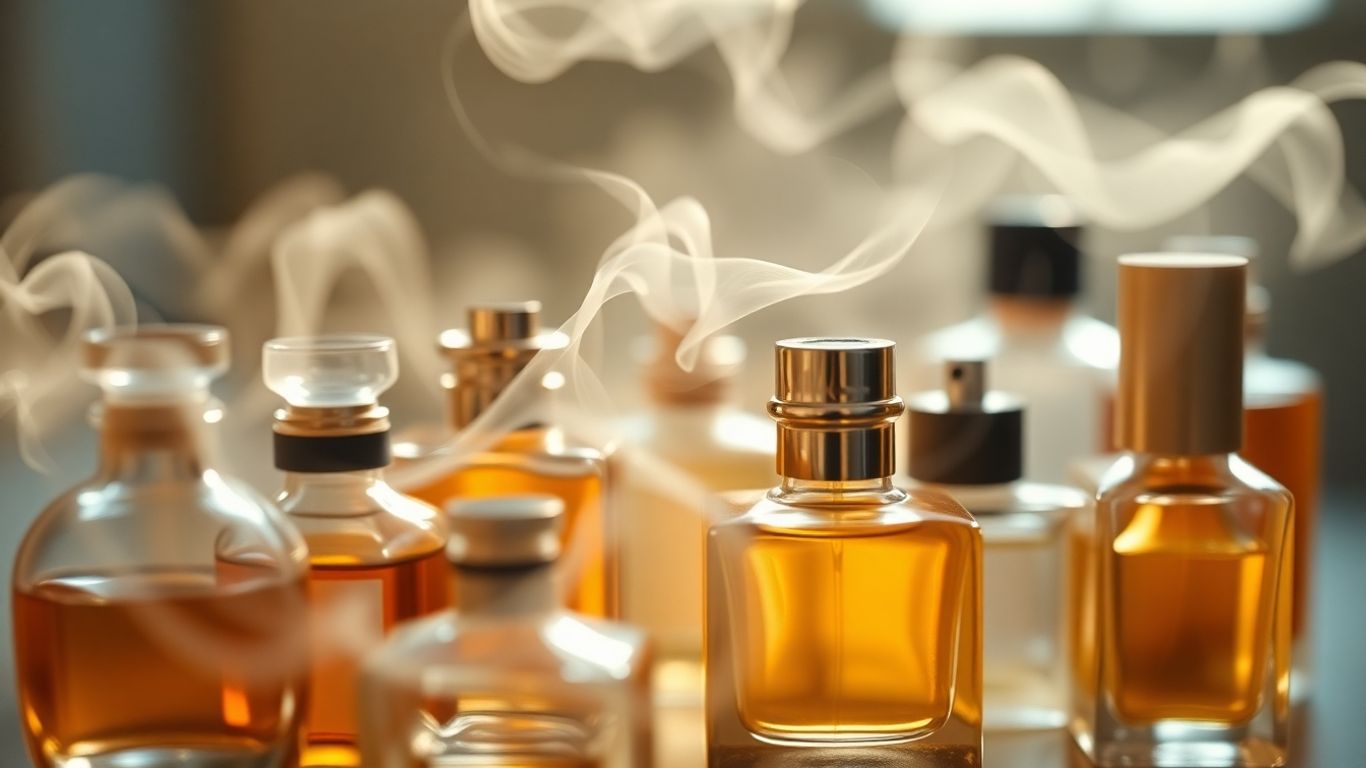 Perfume bottles with mist, suggesting fragrance notes.