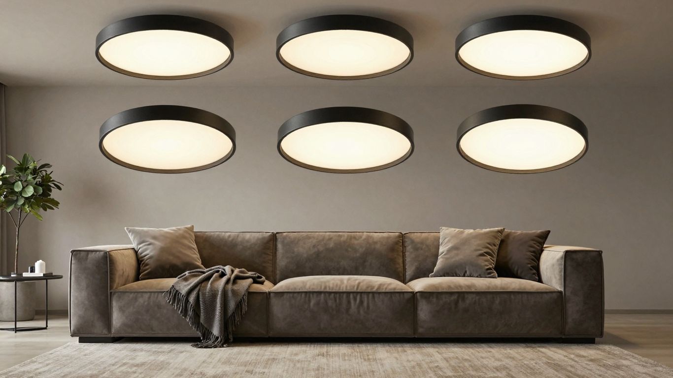 Sleek black ceiling lights in a modern living room.