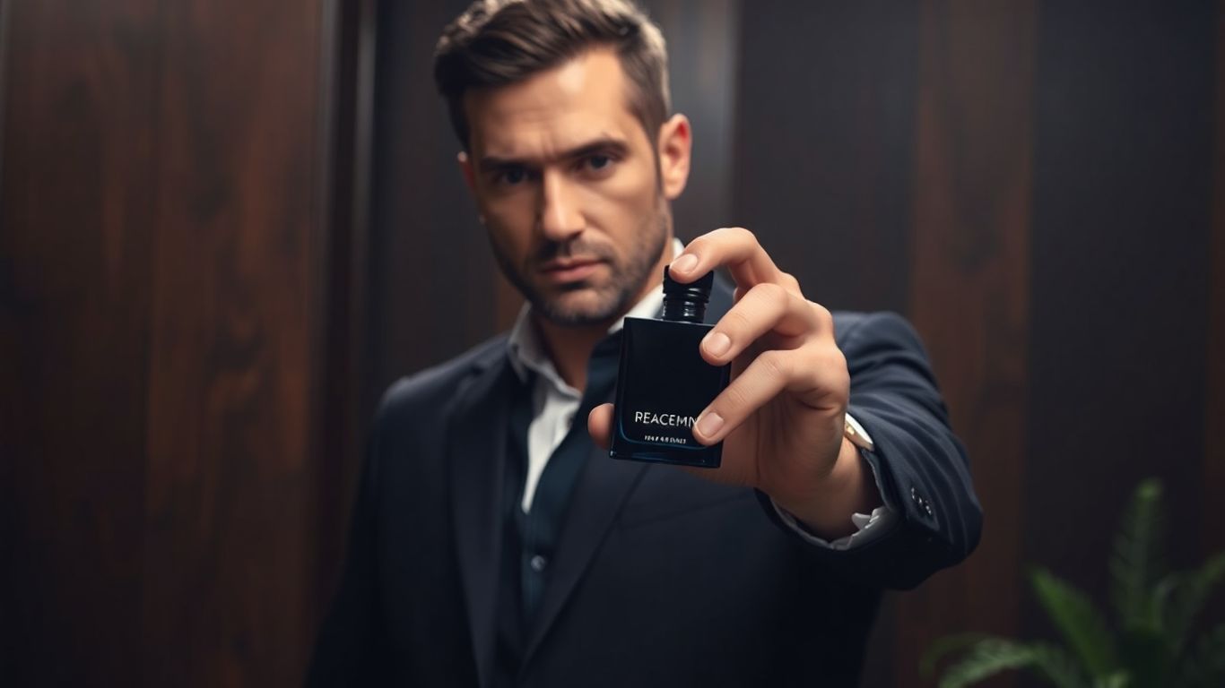 Man holding dark perfume bottle amidst woody textures.