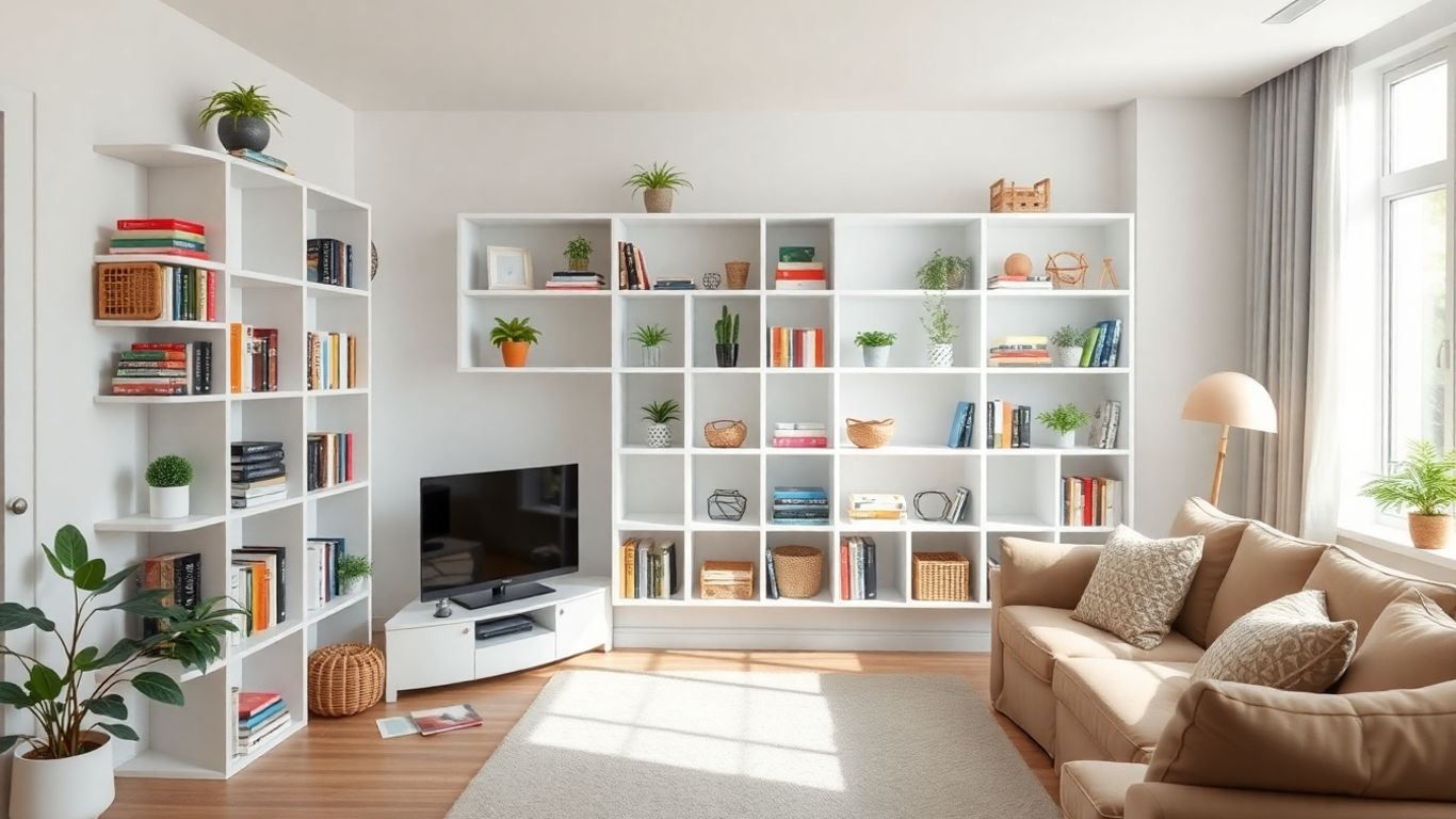 Cube shelves with storage in a modern flat interior
