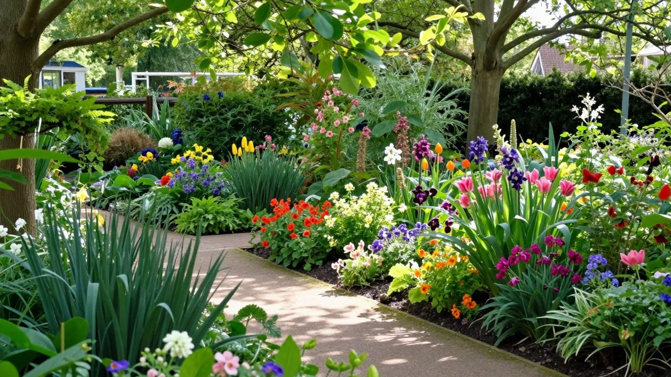 Bloeiende tuin met kleurrijke bloemen en groene planten.