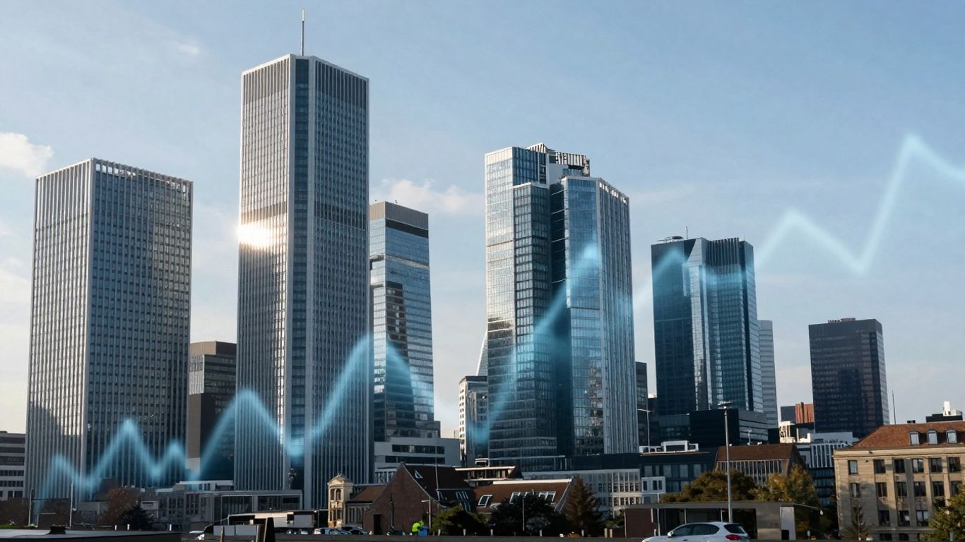 Berlin skyline with abstract financial growth patterns.