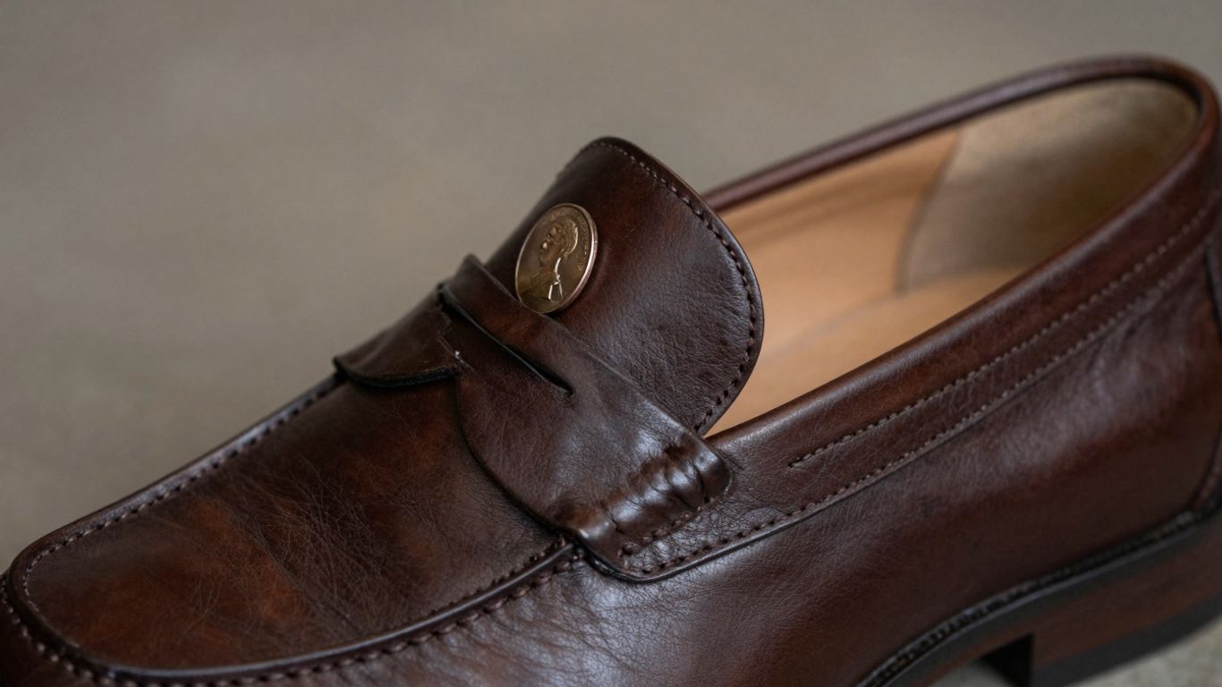 Classic brown leather penny loafers with a penny in one.