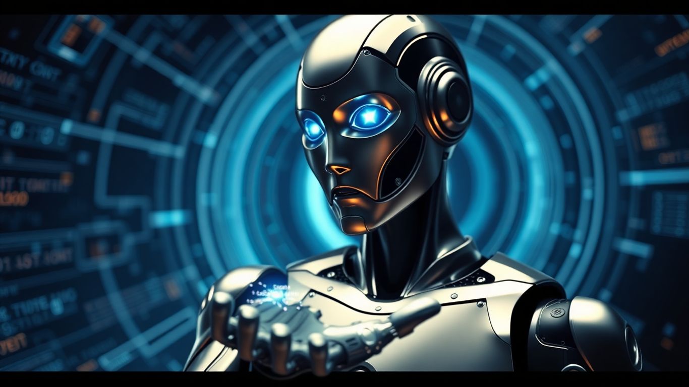 Humanoid robot with glowing eyes and digital patterns